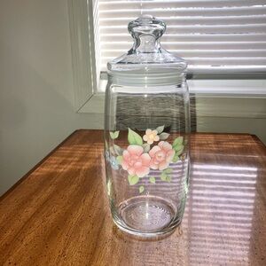Vintage Pfaltzgraff Tea Rose Clear Glass Lidded Canister with Floral Design.